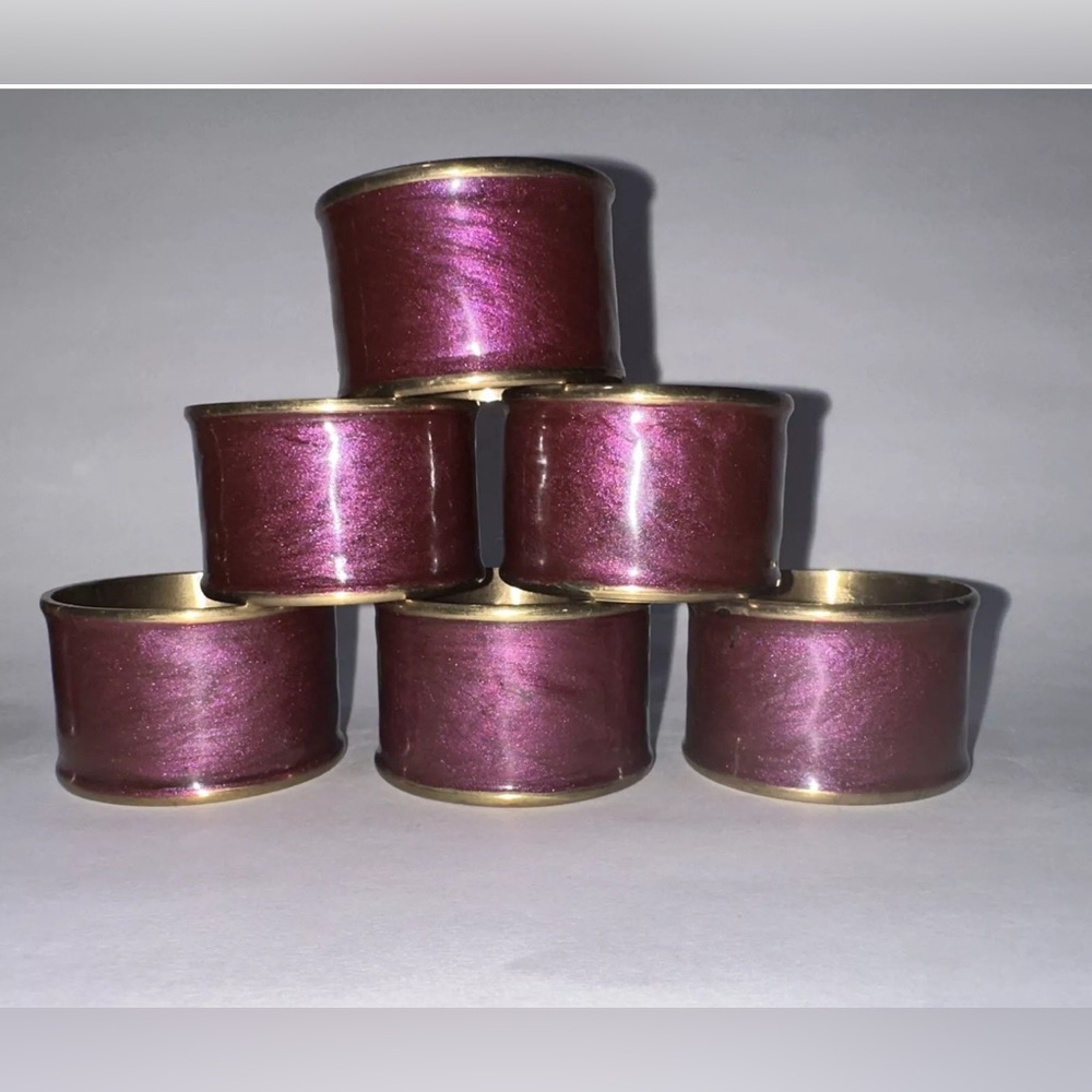 Set of 6 Vintage Purple / Plum Enameled Cloisonné, Brass Napkin Rings